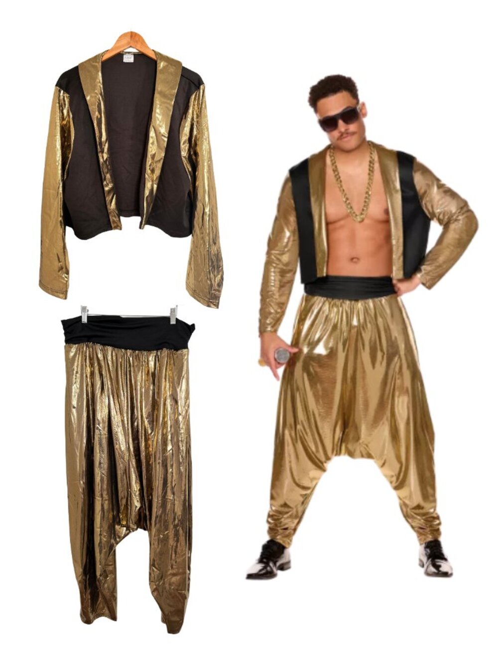 Spirit Halloween Costume Men XL MC Hammer Throwback Threads Rapper Gold Black